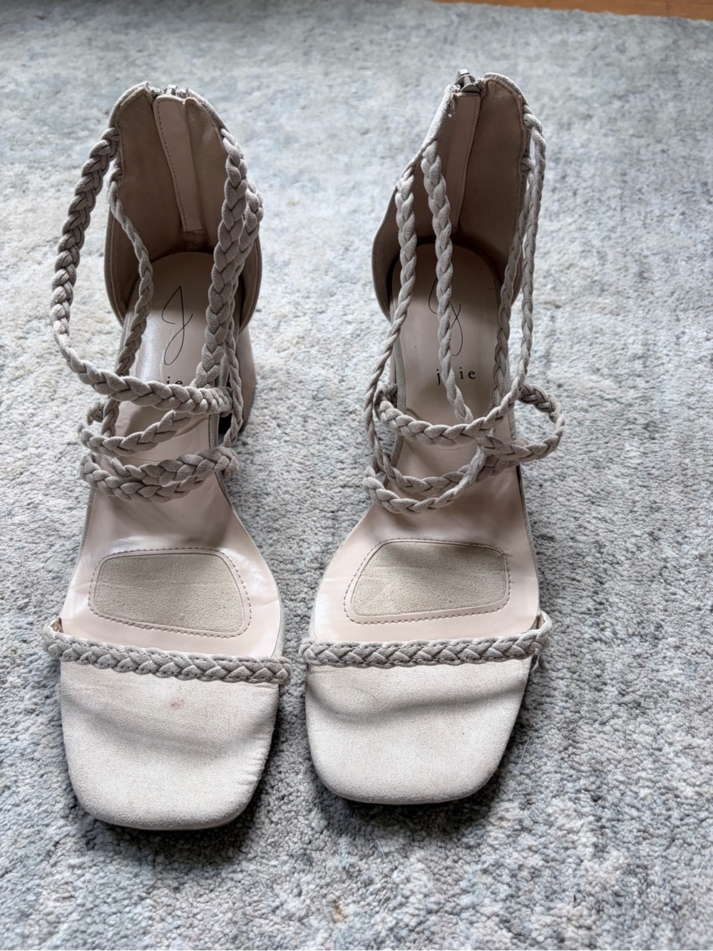 Braided Lace-Up Heeled Sandals in Light Beige